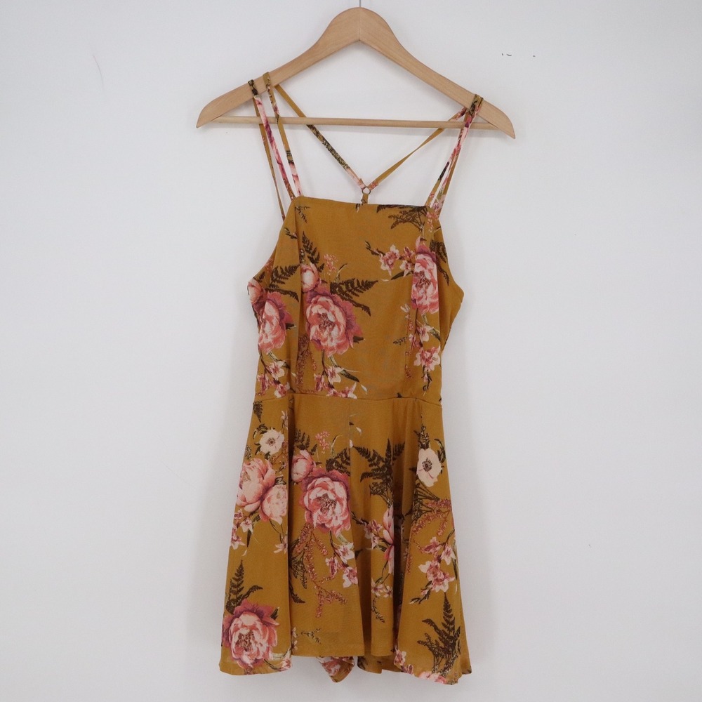 Xhilaration Romper Womens S Mustard Yellow Floral Double Strap Crisscross Exc